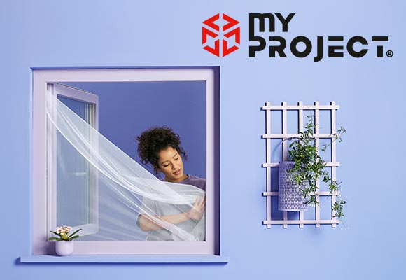 Logo: MY PROJECT®; Produktabbildung: Insekten- und Sonnenschutzfenster magnetisch