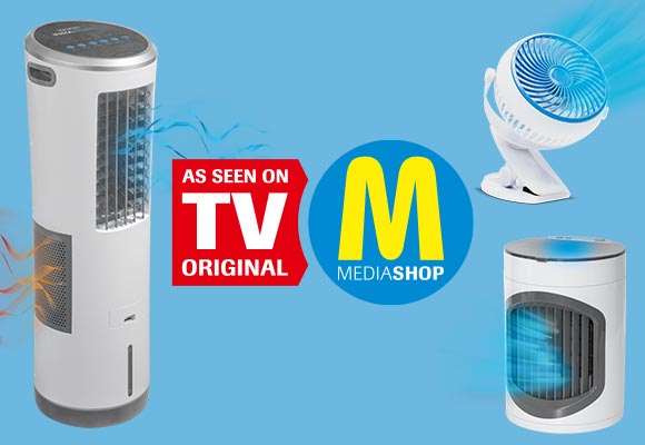 Logo: Mediashop; Produktabbildungen: LIVINGTON »Insta Chill«, LIVINGTON »Smart Chill«, LIVINGTON Mobiler Akku-Ventilator »Go Fan«