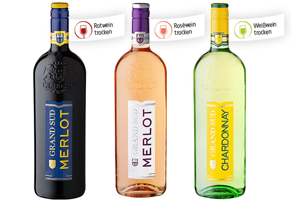 GRAND SUD Merlot, Merlot Rosé, Chardonnay oder Grenache, versch. Sorten; Fähnchen an den Flaschen: Rotwein trocken, Roséwein trocken, Weißwein trocken