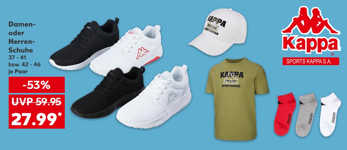 Logo: KAPPA; KAPPA Damen- oder Herren-Schuhe, 37 - 41 bzw. 42 - 46, je Paar für 27.99 Euro* (UVP = 59.95 Euro); Weitere Produktabbildungen: KAPPA Cap, KAPPA Herren-T-Shirt, KAPPA Damen- oder Herren-Sneakersocken