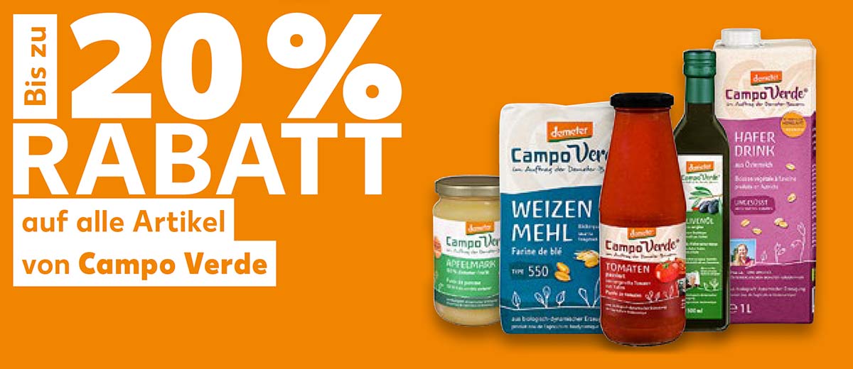 Schriftzug: Bis zu 20 % RABATT auf alle Artikel von Campo Verde, Produktabbildungen: versch. Artikel von Campo Verde