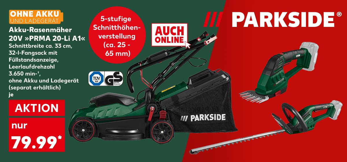 Logo: PARKSIDE®, Akku-Rasenmäher 20 V »PRMA 20-Li A1«, Schnittbreite ca. 33 cm, 32-l-Fangsack mit Füllstandsanzeige, Leerlaufdrehzahl 3.650 min-¹, ohne Akku und Ladegerät (separat erhältlich), je für 79.99 Euro*, Logo: TÜV SÜD, GS, Störer: OHNE AKKU UND LADEGERÄT, Störer: 5-stufige Schnitthöhenverstellung (ca. 25 - 65 mm), Weitere Produktabbildungen: Akku- Gras- und Strauchschere 20 V »PAGS 20-Li A1«, Akku-Heckenschere 20 V »PHSA 20-Li B2«; Logo: PARKSIDE®, Logo: AUCH ONLINE