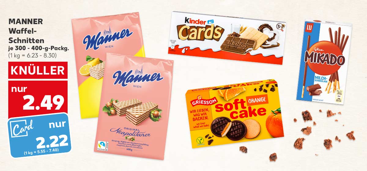 MANNER Waffel-Schnitten, versch. Sorten, je 300 - 400-g-Packg. für 2.49 Euro (1 kg = 6.23 - 8.30), Kaufland Card Preis: 2.22 Euro (1 kg = 5.55 - 7.40); Weitere Produktabbildungen: KINDER Cards, GRIESSON Soft Cake, GLICO Mikado-Sticks