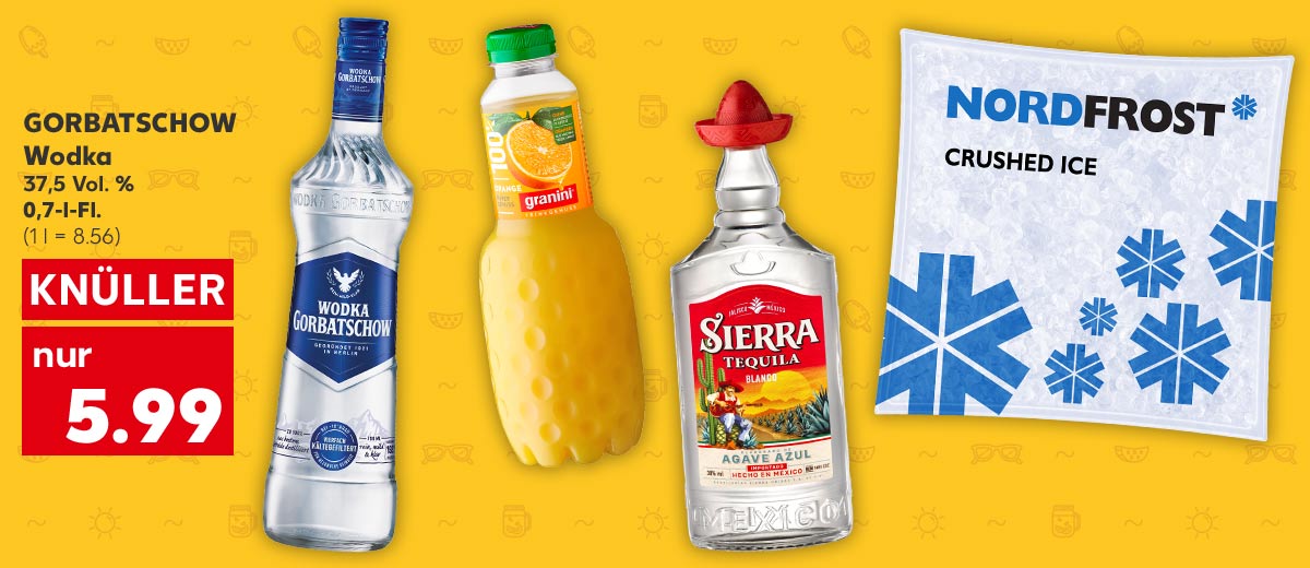 GORBATSCHOW Wodka, 37,5 Vol. %, 0,7-l-Fl. für 5.99 Euro (1 l = 8.56); Weitere Produktabbildungen: GRANINI Trinkgenuss, SIERRA Tequila Silver oder Reposado, NORDFROST Eiswürfel oder Crushed Ice