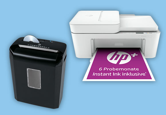 Produktabbildungen: Multifunktionsdrucker »DeskJet Plus 4110e«, TALENTUS® Aktenvernichter »TAV 300 A1«