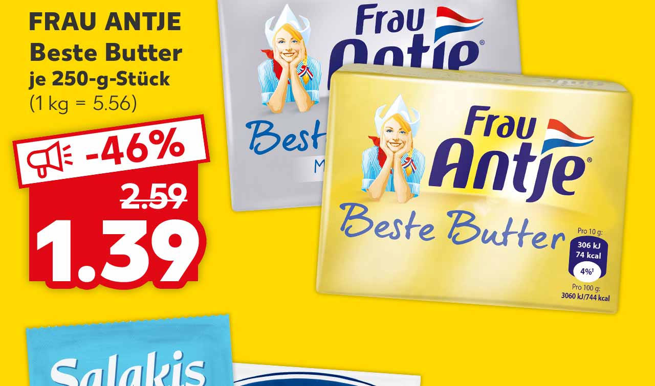 FRAU ANTJE Beste Butter, versch. Sorten, je 250-g-Stück für 1.39 Euro (1 kg = 5.56) 
