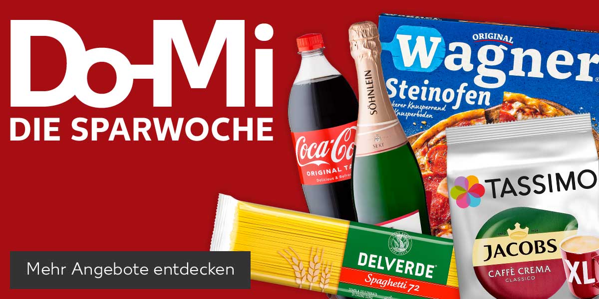 Schriftzug: Do-Mi DIE SPARWOCHE; Produktabbildungen: COCA-COLA, FANTA, SPRITE oder MEZZO MIX, ORIGINAL WAGNER Steinofen-Pizza oder -Flammkuchen, DELVERDE Ital. Teigwaren, JACOBS Tassimo Kaffee-Kapseln, SÖHNLEIN Brillant Sekt; Button: Mehr Angebote entdecken