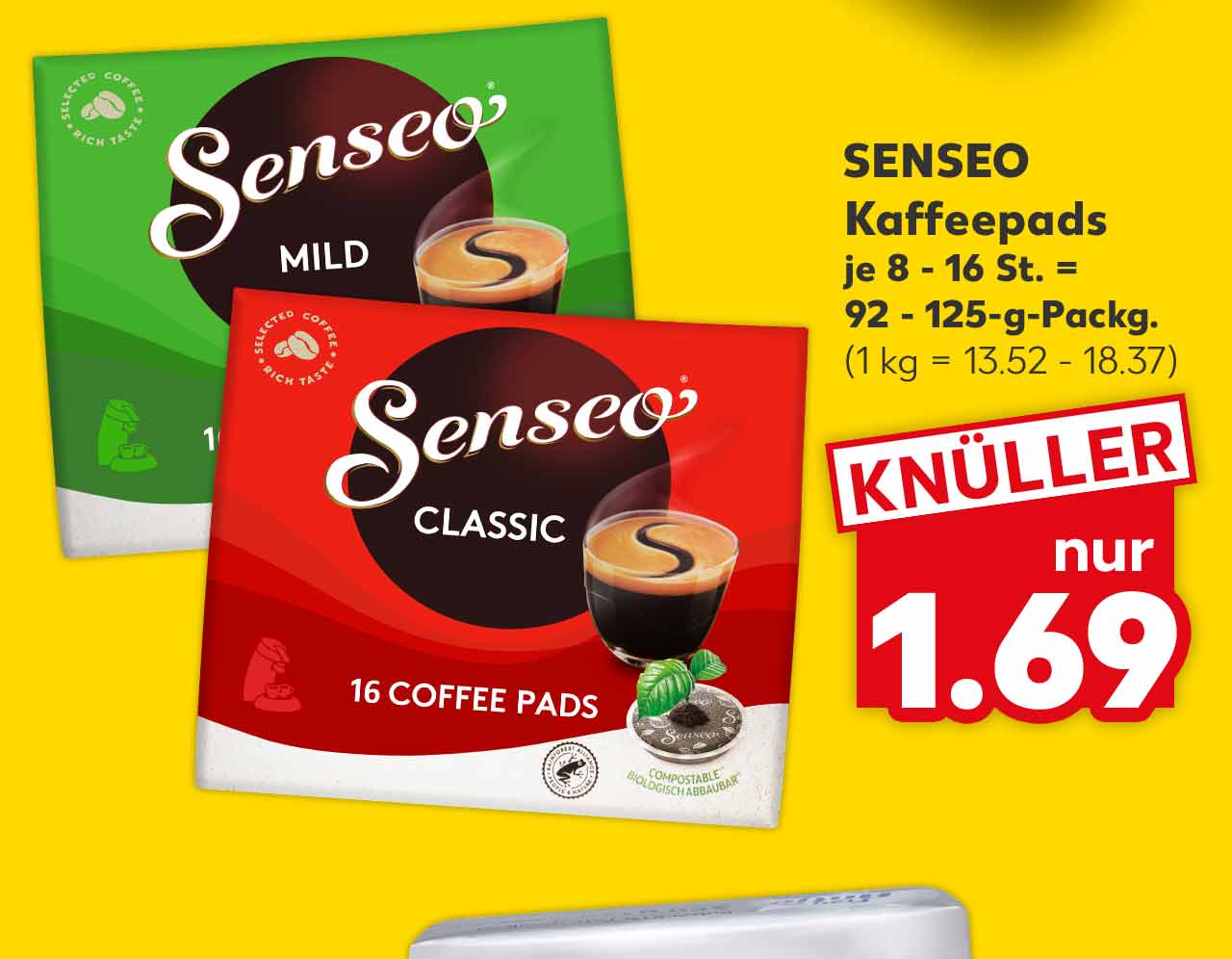 SENSEO Kaffeepads, versch. Sorten, je 8 - 16 St. = 92 - 125-g-Packg. für 1.69 Euro (1 kg = 13.52 - 18.37)