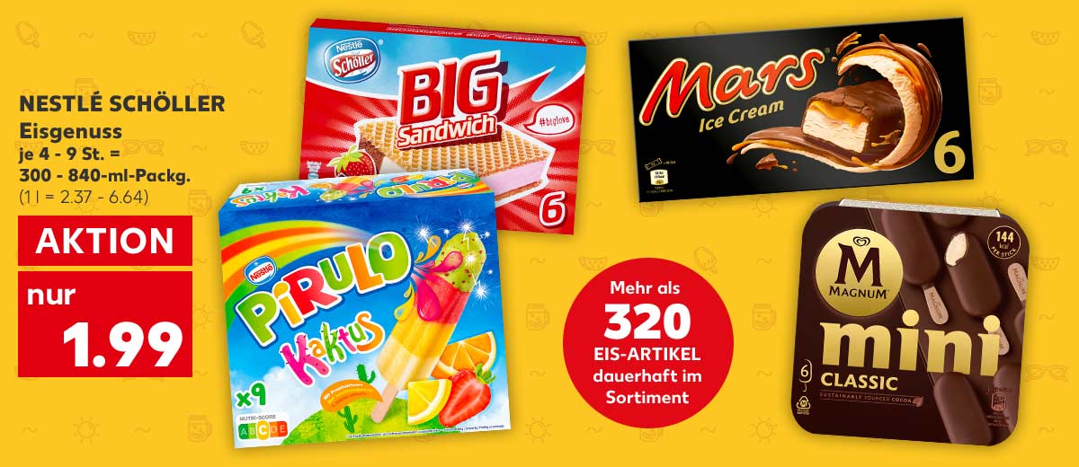 NESTLÉ SCHÖLLER Eisgenuss, versch. Sorten, je 4 - 9 St. = 300 - 840-ml-Packg. für 1.99 Euro (1 l = 2.37 - 6.64); Weitere Produktabbildungen: BOUNTY, MARS oder SNICKERS Ice Cream, MAGNUM Mini; Störer: Mehr als 320 EIS-ARTIKEL dauerhaft im Sortiment