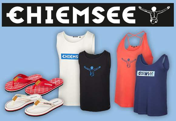 Logo: CHIEMSEE; Produktabbildungen: Zehengreifer, Damen-Top oder Herren-Tanktop 