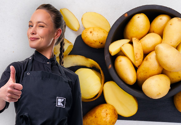 Abbildung: Köchin Verena Leister zeigt einen Daumen nach oben; Kartoffeln in einer schwarzen Schale