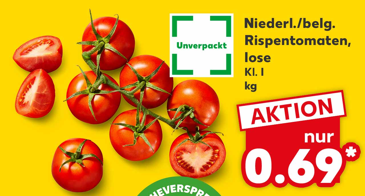 Niederl./belg. Rispentomaten, lose, Kl. I, kg für 0.69 Euro*; Logo: Unverpackt; Logo: FRISCHEVERSPRECHEN KAUFLAND QUALITÄT