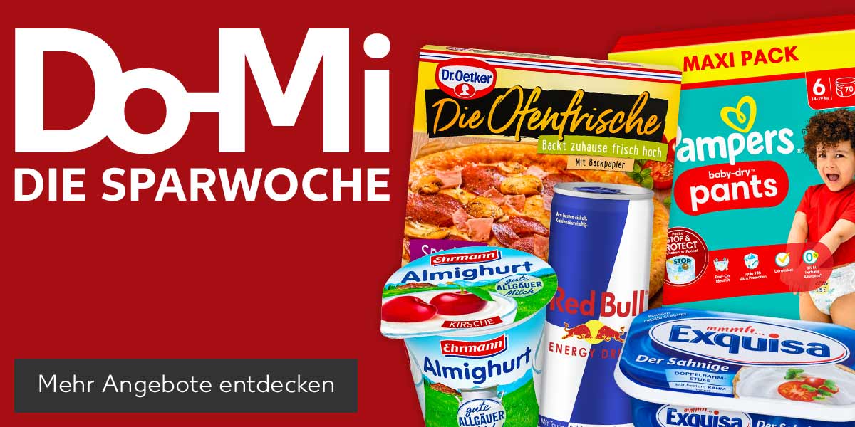 Schriftzug: Do-Mi DIE SPARWOCHE; Produktabbildungen: DR. OETKER Die Ofenfrische oder Pizza Tradizionale, EHRMANN Almighurt, RED BULL Energy Drink, EXQUISA oder MIREE Frischkäsezubereitung, PAMPERS Baby Dry oder Premium Protection; Button: Mehr Angebote entdecken