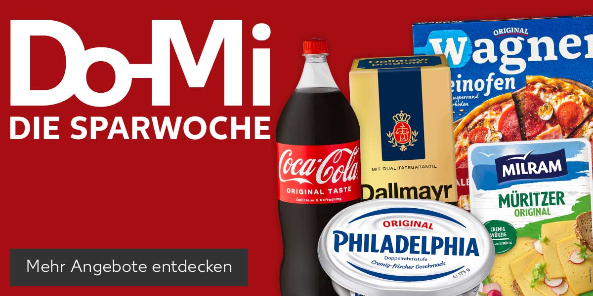 Schriftzug: Do-Mi DIE SPARWOCHE; Produktabbildungen: COCA-COLA oder FANTA Erfrischungsgetränk, DALLMAYR Prodomo, PHILADELPHIA Frischkäsezubereitung, ORIGINAL WAGNER Steinofen-Pizza oder -Flammkuchen, MILRAM Müritzer, Sylter oder Benjamin; Button: Mehr Angebote entdecken