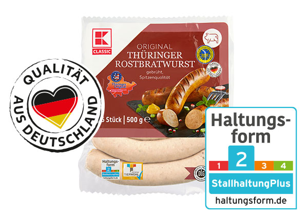 K-CLASSIC Original Thüringer Rostbratwurst; Logo: QUALITÄT AUS DEUTSCHLAND; Logo: Haltungsform 2