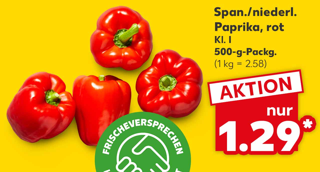 Span./niederl. Paprika, rot, Kl. I, 500-g-Packg. für 1.29 Euro* (1 kg = 2.58); Logo: FRISCHEVERSPRECHEN KAUFLAND QUALITÄT