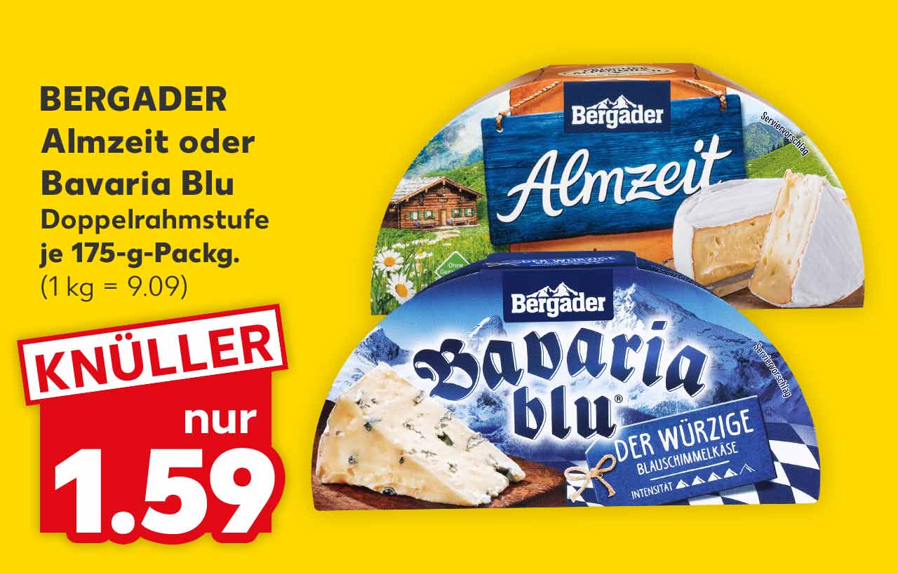 BERGADER Almzeit oder Bavaria Blu, versch. Sorten, Doppelrahmstufe, je 175-g-Packg. für 1.59 Euro (1 kg = 9.09)