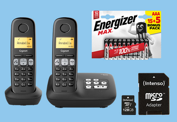Produktabbildungen: GIGASET DECT-Duo Telefon »A275A«, INTENSO microSDXC-Speicherkarte »UHS-1« oder USB-Stick 3.0 »Speed Line«, ENERGIZER Batterien »AA« oder »AAA«