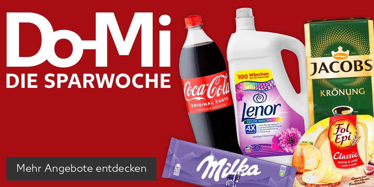 Schriftzug: Do-Mi DIE SPARWOCHE; Produktabbildungen: COCA-COLA, FANTA, SPRITE oder MEZZO MIX, MILKA Schokolade, LENOR Voll- oder Colorwaschmittel, FOL EPI Franz. Schnittkäse, JACOBS oder CAFÉ HAG Kaffee; Button: Mehr Angebote entdecken