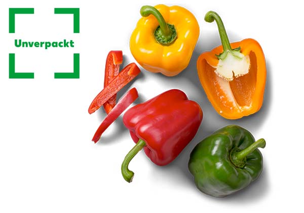 Dtsch./ niederl. Paprika rot, gelb, orange oder grün, lose; Logo: Unverpackt