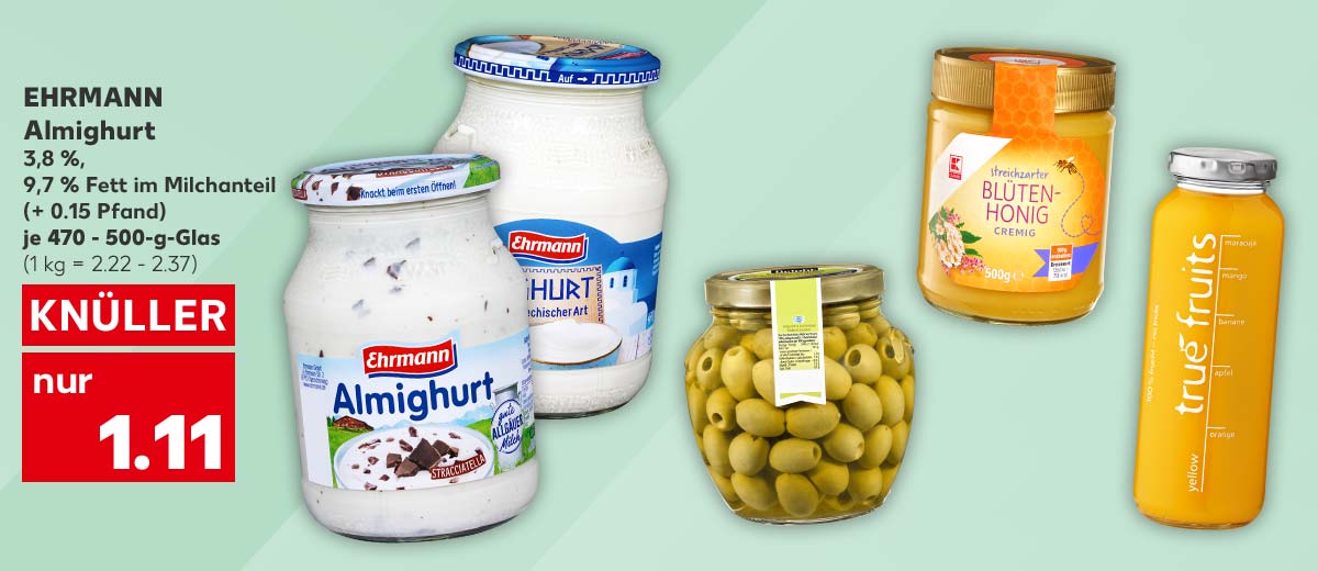 EHRMANN Almighurt, versch. Sorten, 3,8 %, 9,7 % Fett im Milchanteil, (+ 0.15 Pfand), je 470 - 500-g-Glas für 1.11 Euro (1 kg = 2.22 – 2.37); Weitere Produktabbildungen: DELPHI Grüne Oliven, K-CLASSIC Blütenhonig, TRUE FRUITS Smoothie 