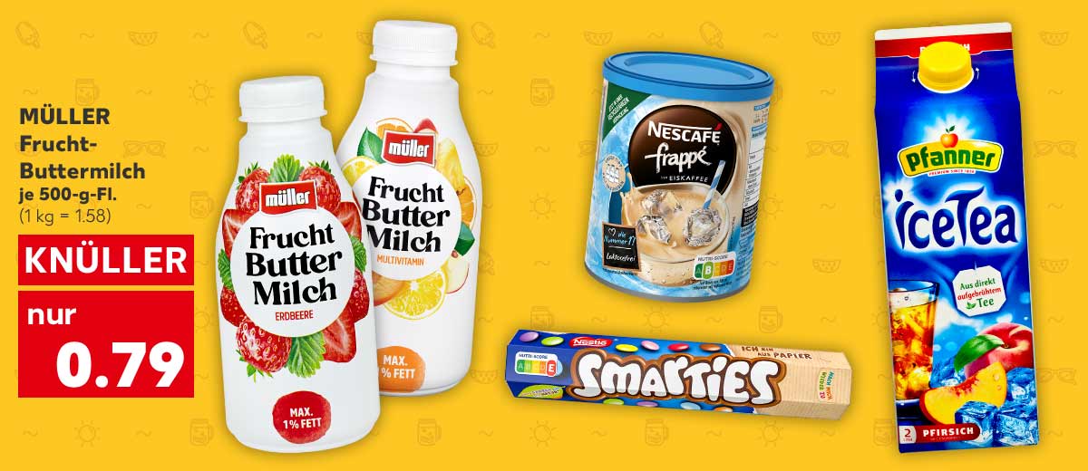 MÜLLER Frucht-Buttermilch, versch. Sorten, je 500-g-Fl. für 0.79 Euro (1 kg = 1.58); Weitere Produktabbildungen: PFANNER Eistee, NESTLÉ Smarties, NESCAFÉ Frappé