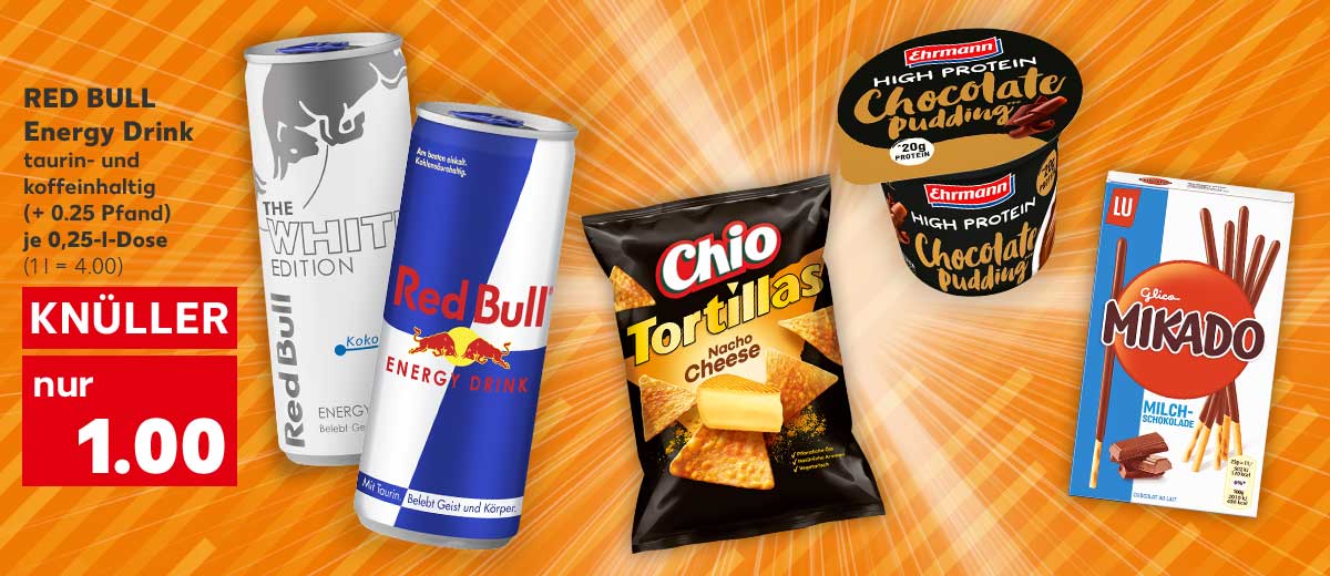 RED BULL Energy Drink, versch. Sorten, taurin- und koffeinhaltig, (+ 0.25 Pfand), je 0,25-l-Dose für 1.00 Euro (1 l = 4.00); Weitere Produktabbildungen: CHIO Tortillas Chips, EHRMANN High Protein, GLICO Mikado-Sticks