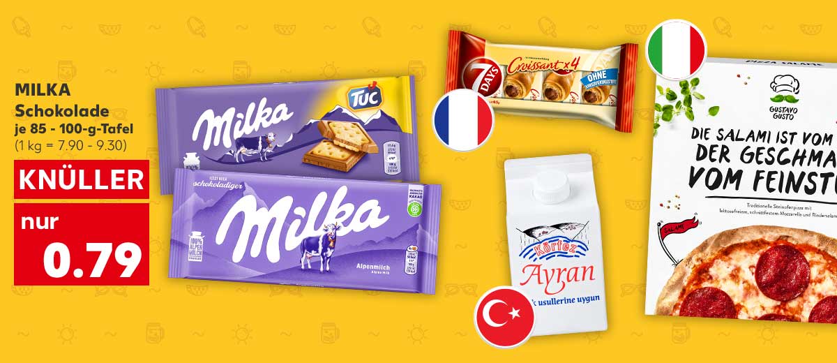 MILKA Schokolade, versch. Sorten, je 85 - 100-g-Tafel für 0.79 Euro (1 kg = 7.90 - 9.30); Weitere Produktabbildungen: 7 DAYS Croissants; Flagge: Türkei; KÖRFEZ Ayran; Flagge: Frankreich; GUSTAVO GUSTO Pizza; Flagge: Italien