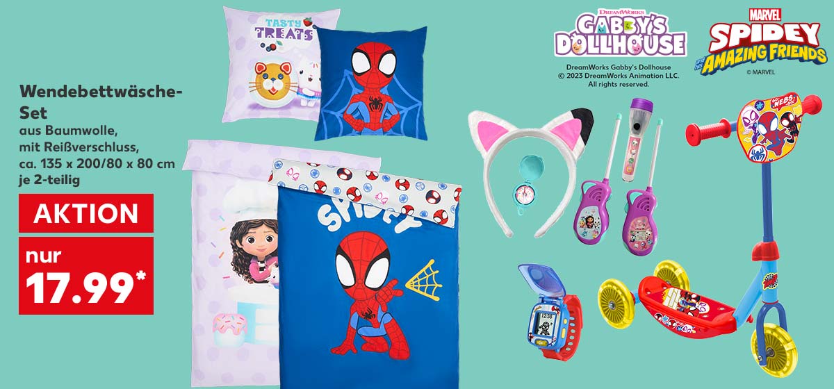 Logo: GABBY'S DOLLHOUSE; MARVEL SPIDEY AMAZING FRIENDS Wendebettwäsche-Set aus Baumwolle, mit Reißverschluss, ca. 135 x 200/80 x 80 cm, je 2-teilig für 17.99 Euro*; Weitere Produktabbildungen: Abenteurer-Spielset, Tri-Scooter, VTECH Lernuhr