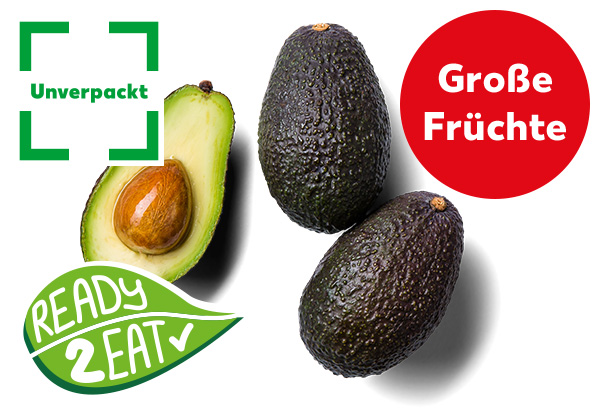 Peruan. Avocado, lose; Logo: Unverpackt; Störer: Große Früchte; Logo: READY 2 EAT
