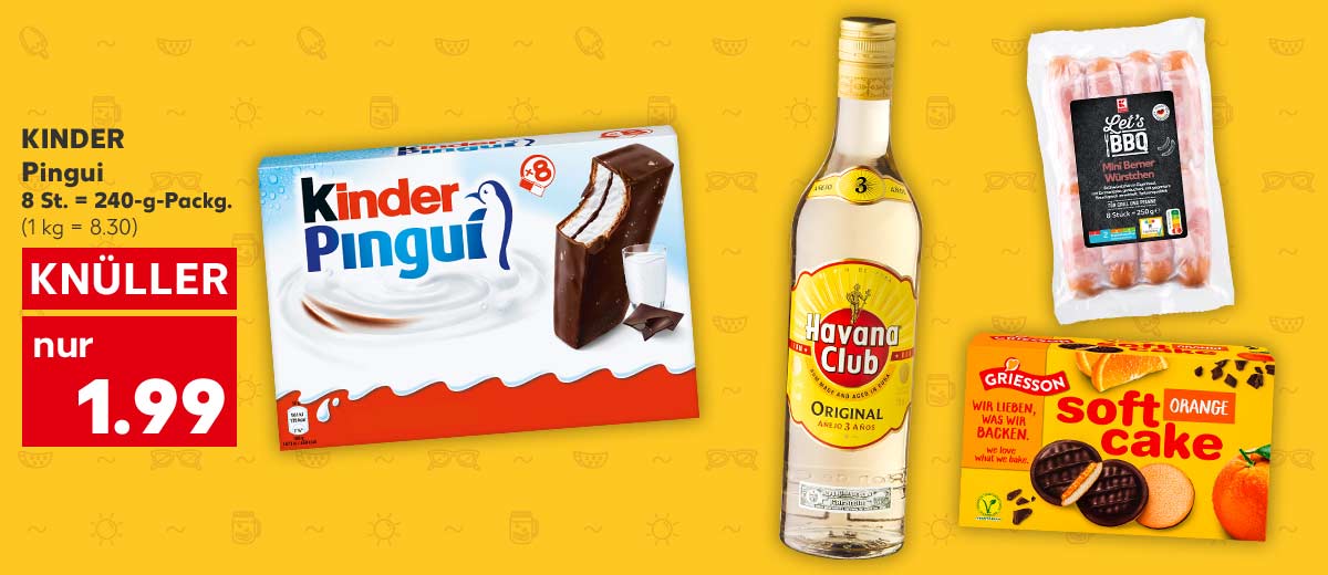 KINDER Pingui, 8 St. = 240-g-Packg. für 1.99 Euro (1 kg = 8.30); Weitere Produktabbildungen: GRIESSON Soft Cake, K-CLASSIC Mini-Berner-Würstchen, HAVANA CLUB Rum