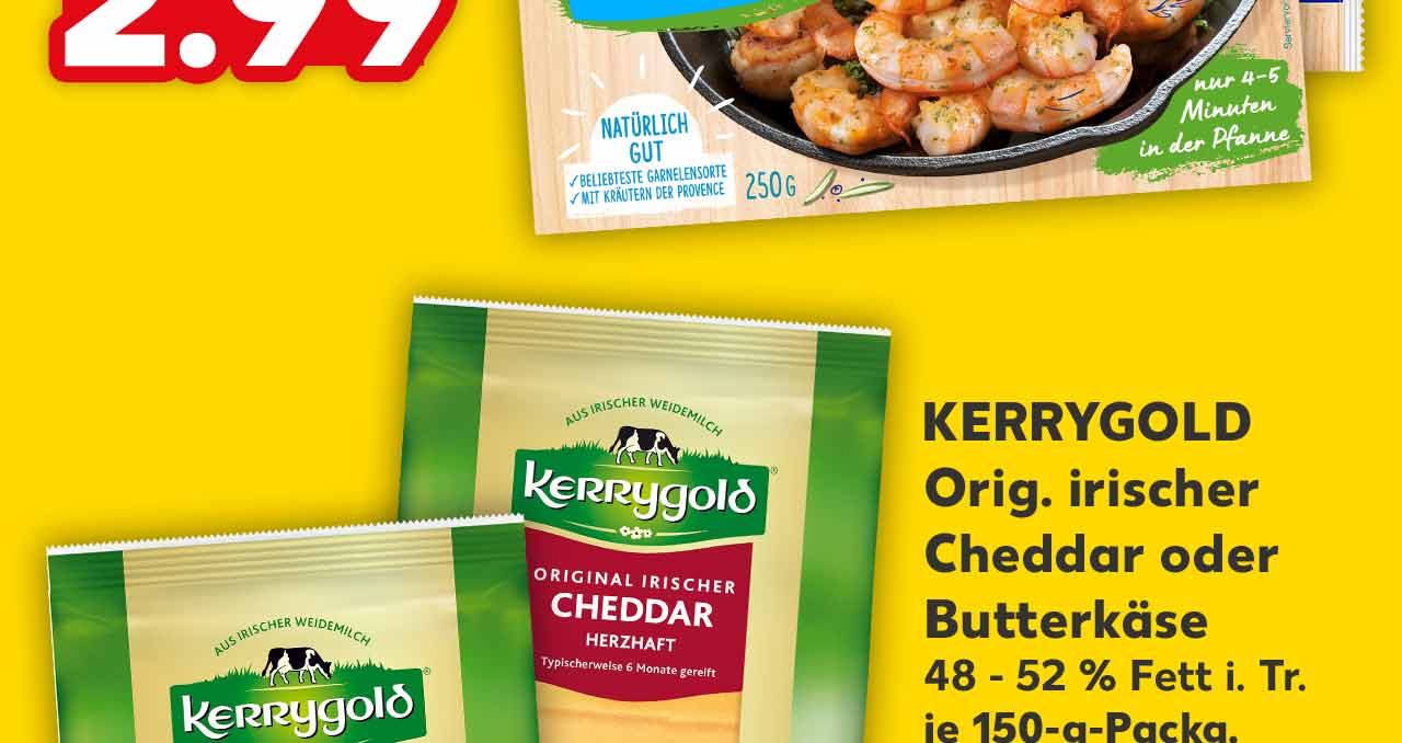 KERRYGOLD Orig. irischer Cheddar oder Butterkäse, versch. Sorten, 48 - 52 % Fett i. Tr., je 150-g-Packg. für 1.44 Euro (1 kg = 9.60)