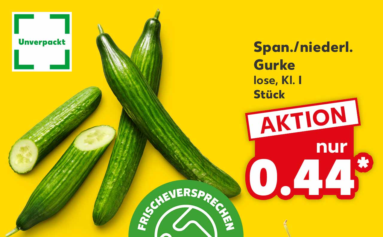 Span./niederl. Gurke, lose, Kl. I, Stück für 0.44 Euro*; Logo: Unverpackt; Logo: FRISCHEVERSPRECHEN KAUFLAND QUALITÄT