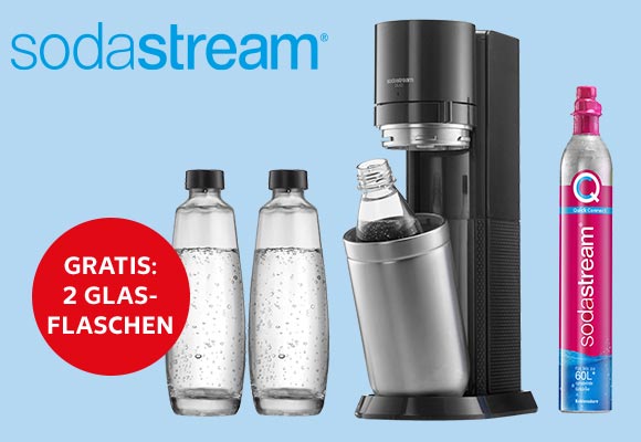 Logo: sodastream; Wassersprudler-Set »DUO titan«; Störer: GRATIS: 2 GLAS-FLASCHEN