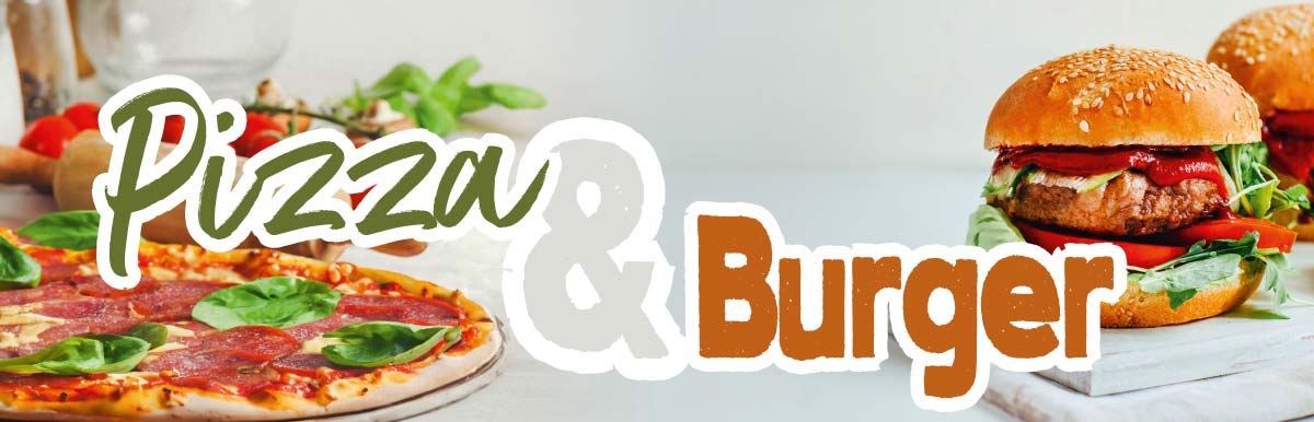 Schriftzug: Pizza & Burger; Abbildung: Pizzen und Burger