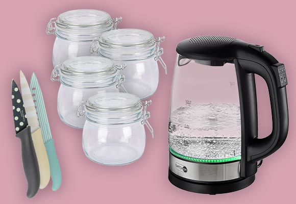 Produktabbildungen: Spice&Soul® Messerset, Spice&Soul® Bügelverschluss-Gläser oder -Flaschen, Switch on® Wasserkocher »WK-J0001«