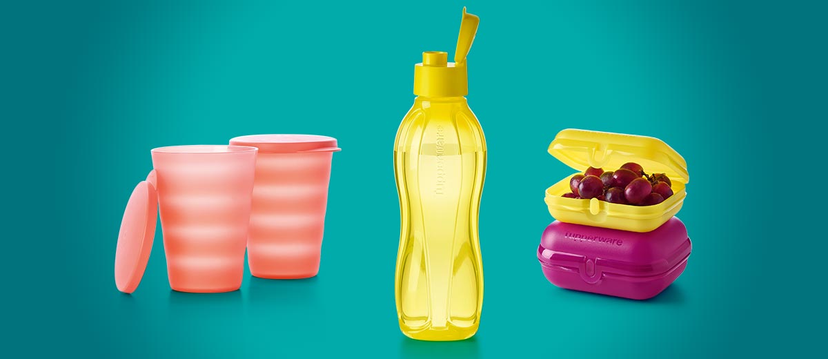 Produktabbildungen: Junge Welle Becher 330 ml (2), EcoEasy Trinkflasche 750 ml, Twin-Set