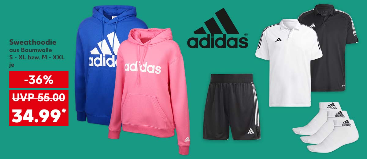 Logo: adidas; ADIDAS Sweathoodie, aus Baumwolle, S - XL bzw. M - XXL, je für 34.99 Euro*; UVP: 55.00 Euro; Weitere Produktabbildungen: Shorts »Tiro«, Damen-T-Shirt oder Herren-Poloshirt »Tiro«, Sneakersocken