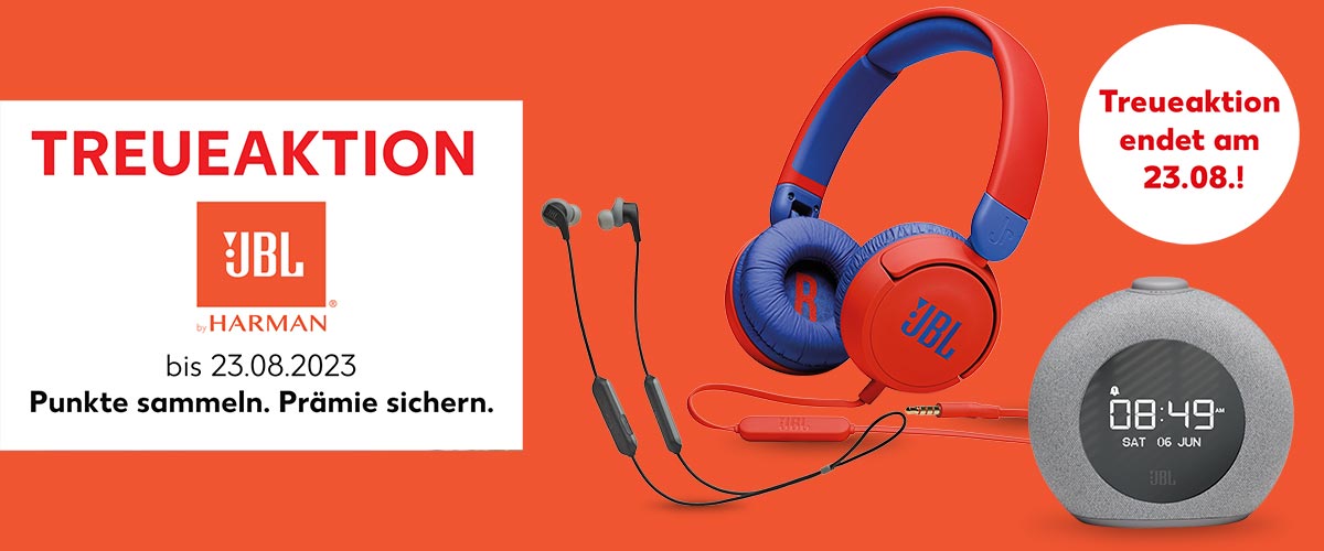 Schriftzug: Treueaktion JBL bis 23.08.2023 Punkte sammeln. Prämie sichern.; Produktabbildungen: Versch. JBL-Treueprämien-Artikel; Störer: Treueaktion endet am 23.08.!