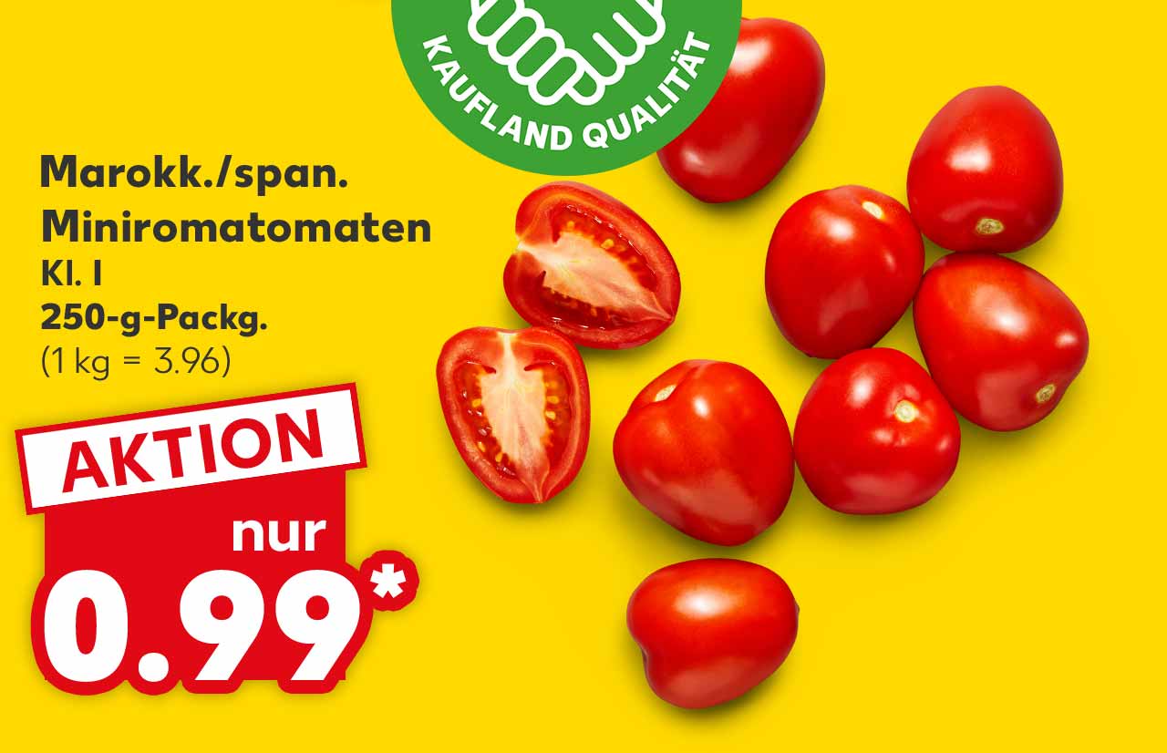 Marokk./span. Miniromatomaten, Kl. I, 250-g-Packg. für 0.99 Euro* (1 kg = 3.96); Logo: FRISCHEVERSPRECHEN KAUFLAND QUALITÄT