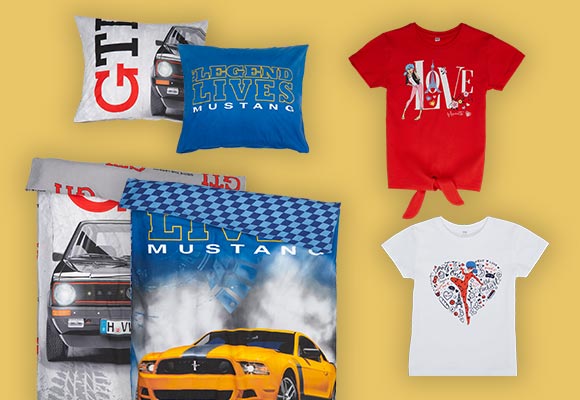 Produktabbildungen: Wendebettwäsche-Set »Volkswagen« oder »Ford«, T-Shirts »Miraculous«