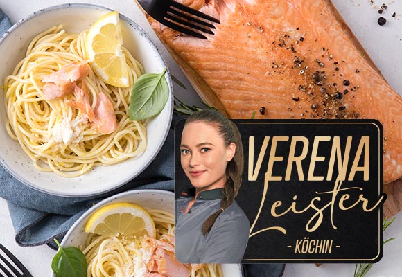 Rezept: Gegrillter Lachs mit Zitronenpasta; Abbildung: Verena Leister - Köchin -