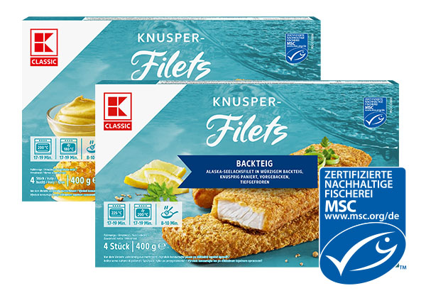 K-Classic Knusperfilets, versch. Sorten; Logo: Msc-zertifizierte nachhaltige Fischerei