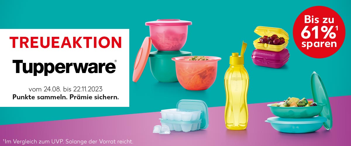 Schriftzug: Treueaktion Tupperware® vom 24.08. bis 22.11.2023, Punkte sammeln. Prämie sichern.; Abbildung: verschiedene Tupperware-Artikel; Störer: Bis zu 61%¹ sparen; ¹ Im Vergleich zum UVP. Solange der Vorrat reicht.