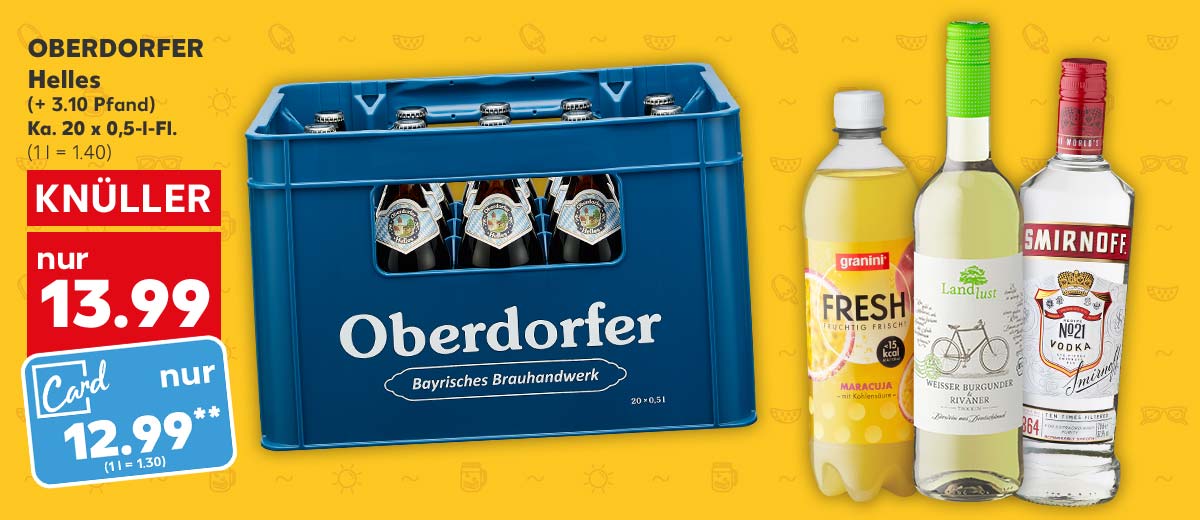 Oberdorfer Helles, (+ 3.10 Pfand), Ka. 20 x 0,5-l-Fl. für 13.99 Euro (1 l = 1.40); Kaufland Card Preis: 12.99 Euro** (1 l = 1.30); Weitere Produktabbildungen: Granini Fresh, Landlust Bio-Qualitätswein, Smirnoff Vodka No. 21