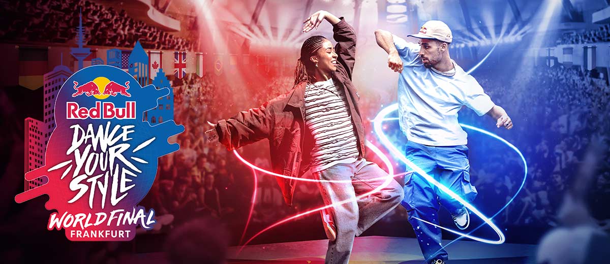 Logo: Red Bull Dance your Style; Abbildung: Mehrere Menschen umgeben eine Frau und einen Mann, die gemeinsam tanzen