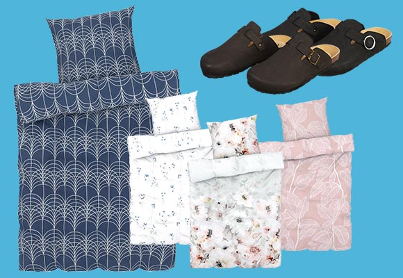 Produktabbildungen: Liv&Bo® Mikrofaser-Satin-Bettwäsche-Set, Camprella Tieffußbett-Clogs