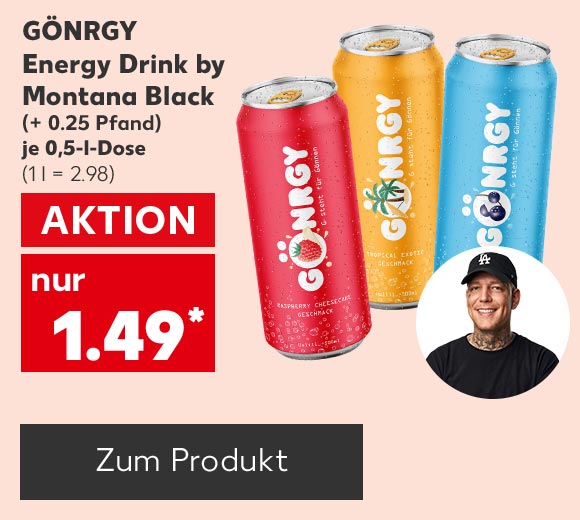 Gönrgy Energy Drink by Montana Black, versch. Sorten, (+0.25 Pfand), je 0,5-l-Dose für 1.49 Euro* (1 l = 2.98); Abbildung: Montana Black; Button: Zum Produkt