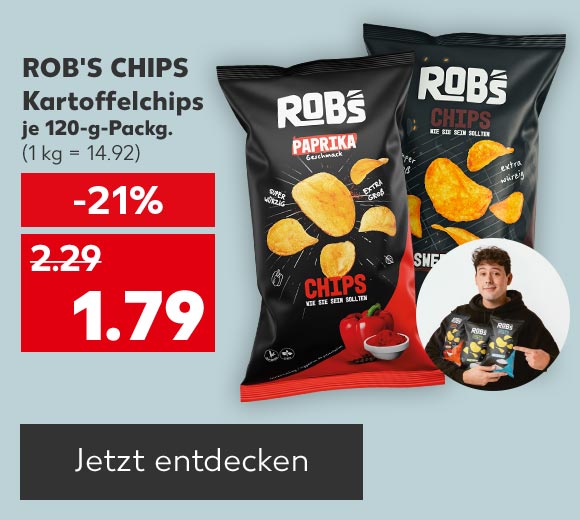Rob's Chips Kartoffelchips, versch. Sorten, je 120-g-Packg. für 1.79 Euro (1 kg = 14.92); Abbildung: Rob; Button: Jetzt entdecken