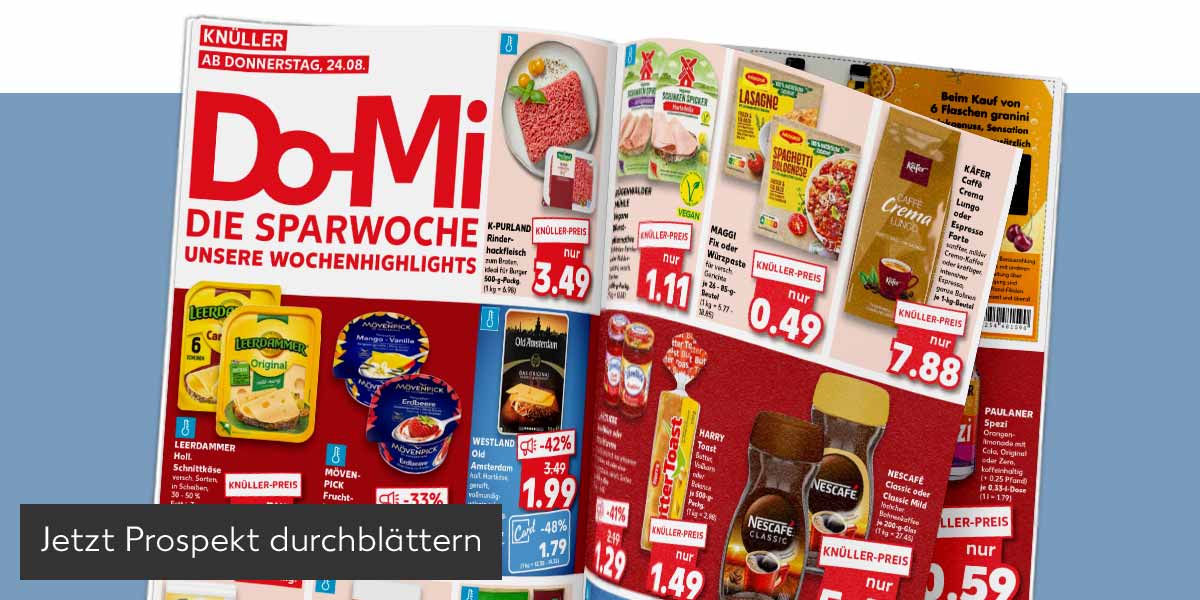 Abbildung: Prospekt wird durchgeblättert; Button: Jetzt Prospekt durchblättern